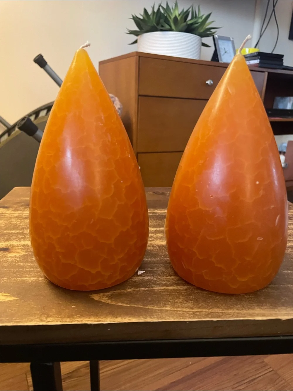 Candles pumpkin color Teardrop Decorative Candle Pair new Cedar & Saffron Scent